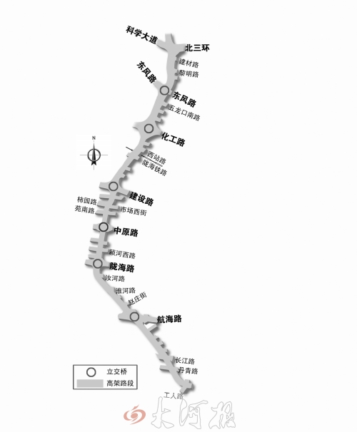截至目前，僅剩西三環(huán)跨長江路、丹青路高架橋金水河處一座箱梁尚未澆筑。
