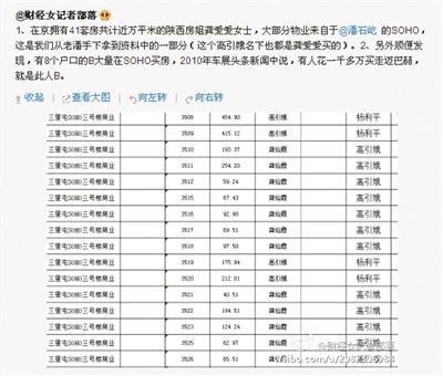 網(wǎng)友“財(cái)經(jīng)女記者部落”微博稱，“房姐”多處房產(chǎn)購自潘石屹的SOHO中國。網(wǎng)絡(luò)截圖