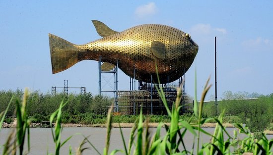 昨天，揚(yáng)中市西沙島，正在施工的河豚塔金光閃閃