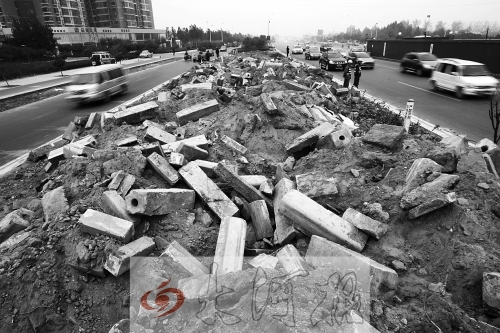 中州大道部分路段，綠化帶成了垃圾場。
