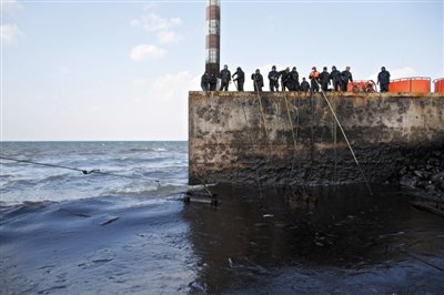 昨日，山東青島，清污人員正在海邊清理油污。