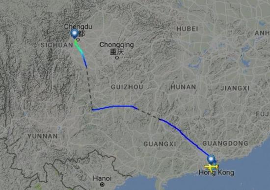 圖片來自航空網(wǎng)站flightradar24，圖顯示飛機(jī)安全降落成都