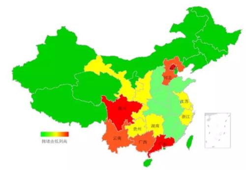 端午期間省域擁堵情況。來源：交通部聯(lián)合其他機(jī)構(gòu)發(fā)布的《2018年端午全國公路網(wǎng)出行預(yù)測報(bào)告》。
