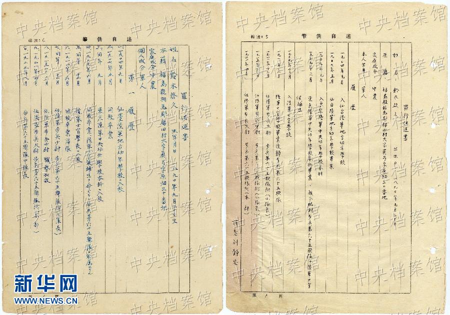 這是日本戰(zhàn)犯鈴木啟久的部分筆供原文（左圖）和鈴木啟久筆供的中文譯文（右圖）。